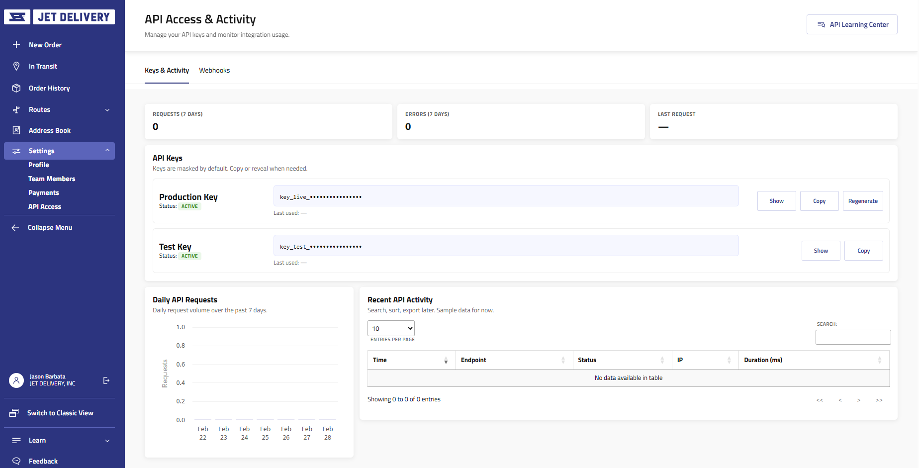 API Access & Activity page showing API keys and recent activity