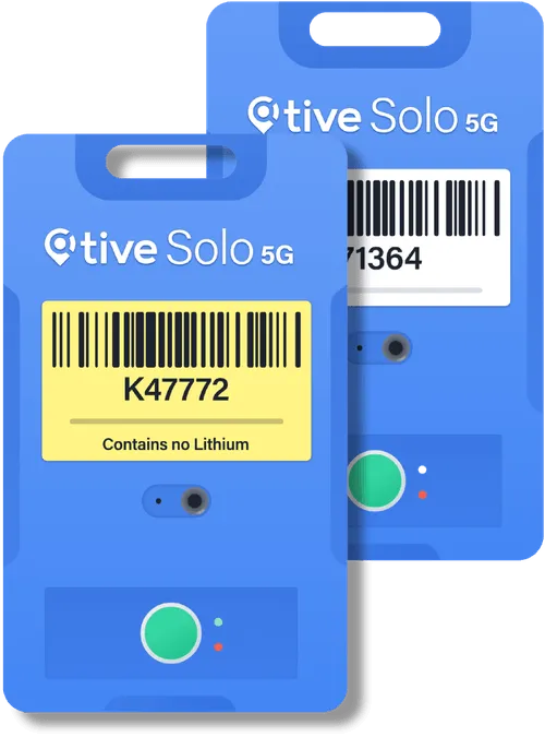 Two blue Tive Solo 5G shipment trackers